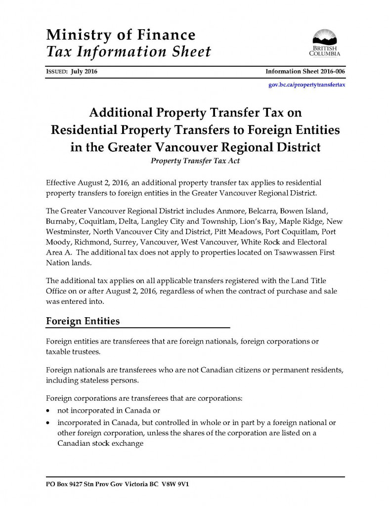 Additional Property Transfer Tax on Residential Property Transfers to